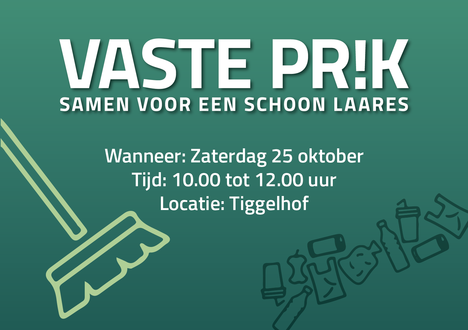 Na het succes van de voorgaande keer willen we de wijk weer opruimen.
Help jij ons mee op zaterdag 25 oktober?
Wij zorgen voor schoonmaakspullen, neem wel je eigen afvalzak mee.
Om 10 uur verzamelen we bij De Tiggelhof, graag zien we je dan.
Groet de Wijkcommissie
